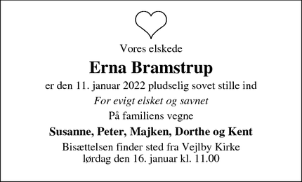 Dødsannoncen for Erna Bramstrup - Århus
