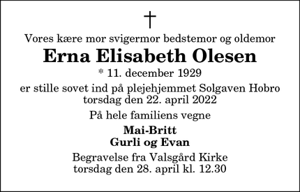 Dødsannoncen for Erna Elisabeth Olesen - Hobro