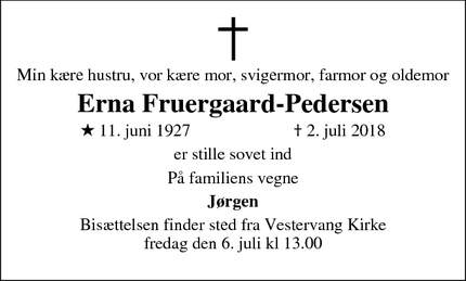 Dødsannoncen for Erna Fruergaard-Pedersen - Viborg, Danmark