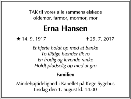Dødsannoncen for Erna Hansen - Rødvig Stevns