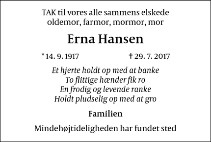 Dødsannoncen for Erna Hansen - Rødvig Stevns