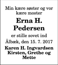 Dødsannoncen for Erna H.
Pedersen  - Ålbæk