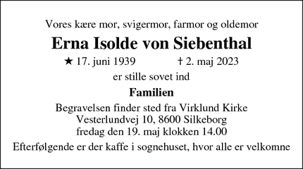 Dødsannoncen for Erna Isolde von Siebenthal - Sdr. Bjert