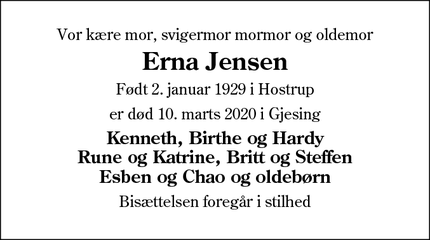 Dødsannoncen for Erna Jensen - Gjesing