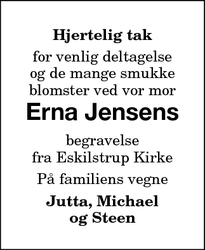 Taksigelsen for Erna Jensens - Eskilstrup