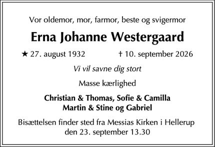 Dødsannoncen for Erna Johanne Westergaard - Charlottenlund