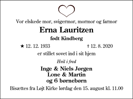 Dødsannoncen for Erna Lauritzen - Aabenraa