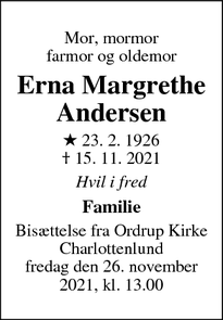 Dødsannoncen for Erna Margrethe
Andersen - Frederiksberg C