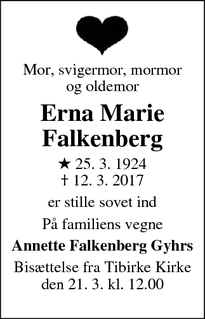Dødsannoncen for Erna Marie Falkenberg - Frederiksberg