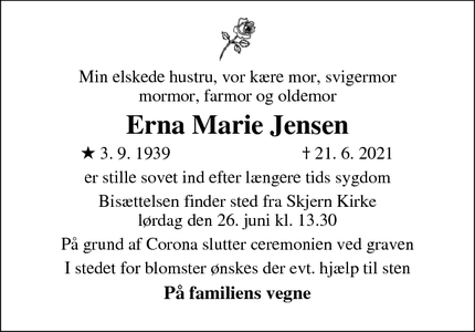 Dødsannoncen for Erna Marie Jensen - Skjern
