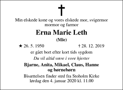 Dødsannoncen for Erna Marie Leth - Viborg