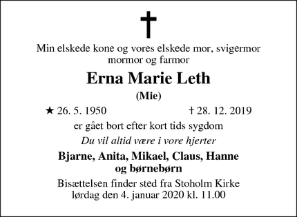 Dødsannoncen for Erna Marie Leth - Viborg