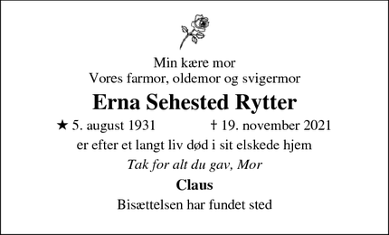 Dødsannoncen for Erna Sehested Rytter - Silkeborg