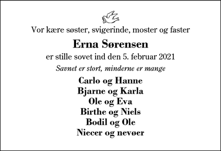 Dødsannoncen for Erna Sørensen - Sunds