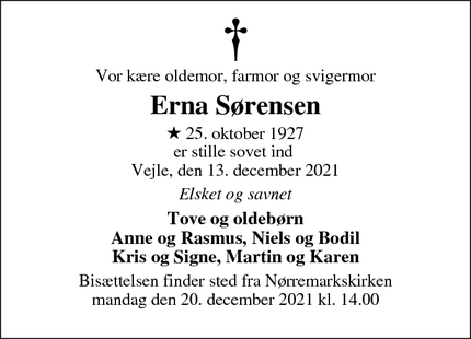 Dødsannoncen for Erna Sørensen - Odense S