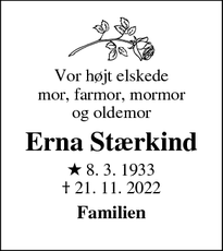 Dødsannoncen for Erna Stærkind - Vindinge, Roskilde