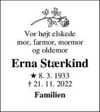 Dødsannoncen for Erna Stærkind - Vindinge, Roskilde