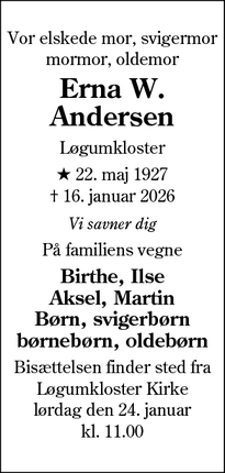 Dødsannoncen for Erna W.
Andersen - Kolding