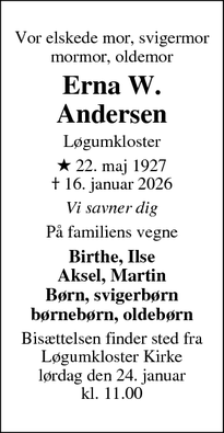 Dødsannoncen for Erna W.
Andersen - Kolding