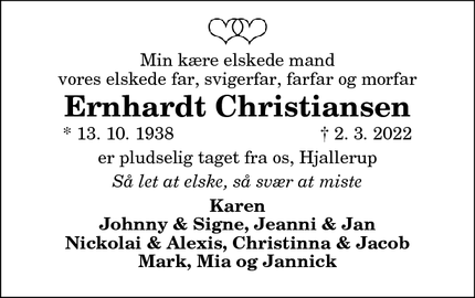 Dødsannoncen for Ernhardt Christiansen - Hjallerup