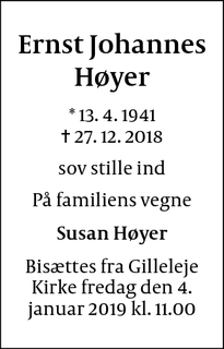 Dødsannoncen for Ernst Johannes Høyer - Gilleleje
