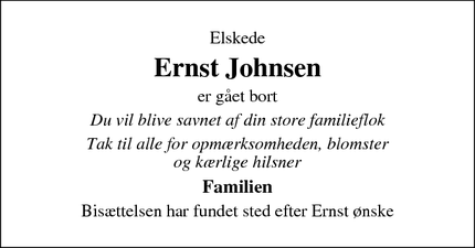 Dødsannoncen for Ernst Johnsen - Silkeborg