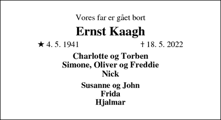Dødsannoncen for Ernst Kaagh - Rønne