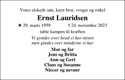 Dødsannoncen for Ernst Lauridsen - Esbjerg
