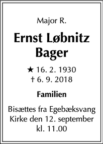 Dødsannoncen for Ernst Løbnitz Bager - København Ø