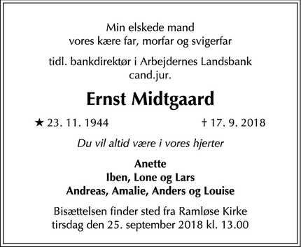 Dødsannoncen for Ernst Midtgaard - Helsinge
