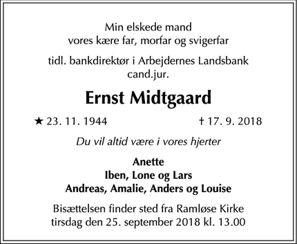 Dødsannoncen for Ernst Midtgaard - Helsinge