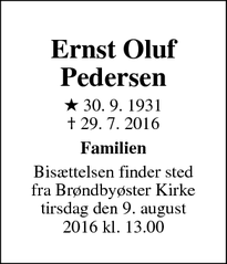 Dødsannoncen for Ernst Oluf Pedersen - Hvidovre