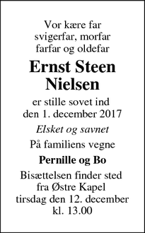 Dødsannoncen for Ernst Steen Nielsen - Næstved