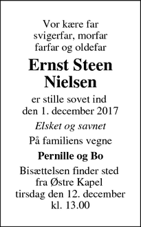 Dødsannoncen for Ernst Steen Nielsen - Næstved