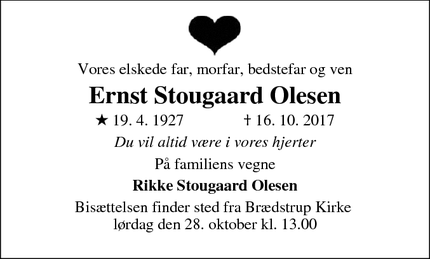 Dødsannoncen for Ernst Stougaard Olesen - Brædstrup