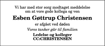Dødsannoncen for Esben Gøttrup Christensen - Aalborg