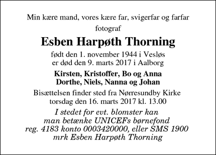 Dødsannoncen for Esben Harpøth Thorning - Aalborg