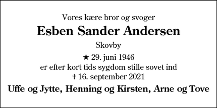 Dødsannoncen for Esben Sander Andersen - Sønderborg