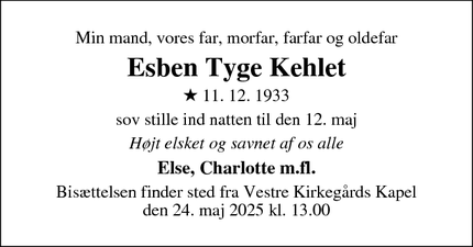 Dødsannoncen for Esben Tyge Kehlet - Frederiksberg C