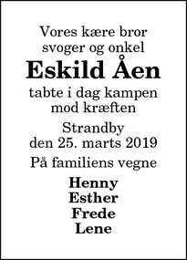 Dødsannoncen for Eskild Åen - Strandby