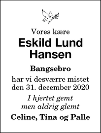 Dødsannoncen for Eskild Lund
Hansen - Nykøbing F
