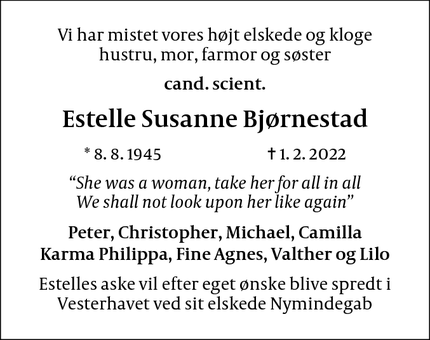 Dødsannoncen for Estelle Susanne Bjørnestad - Rungsted
