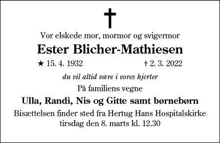 Dødsannoncen for Ester Blicher-Mathiesen - Silkeborg