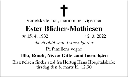 Dødsannoncen for Ester Blicher-Mathiesen - Silkeborg