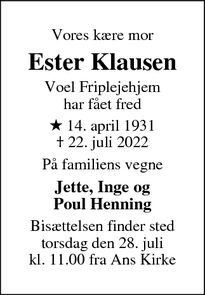 Dødsannoncen for Ester Klausen - Silkeborg