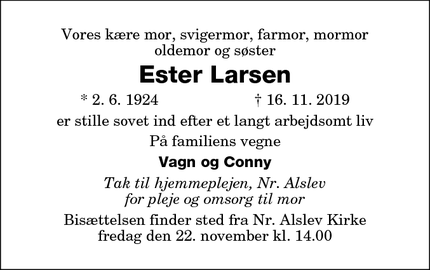 Dødsannoncen for Ester Larsen - 4840 Nr. Alselv