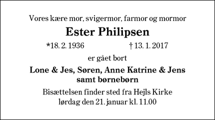 Dødsannoncen for Ester Philipsen - Hejls