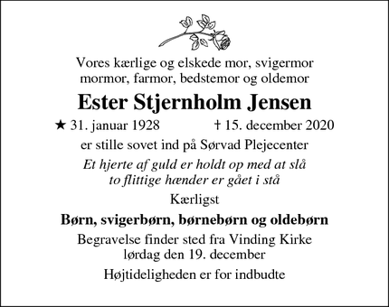 Dødsannoncen for Ester Stjernholm Jensen - Sørvad