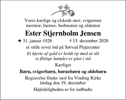 Dødsannoncen for Ester Stjernholm Jensen - Sørvad
