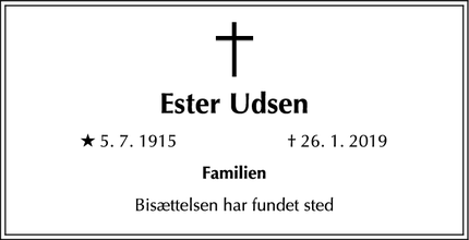 Dødsannoncen for Ester Udsen - Hellerup